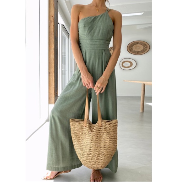 Pants - Green Asymmetrical Thin Straps One- shoulder Jumpsuit